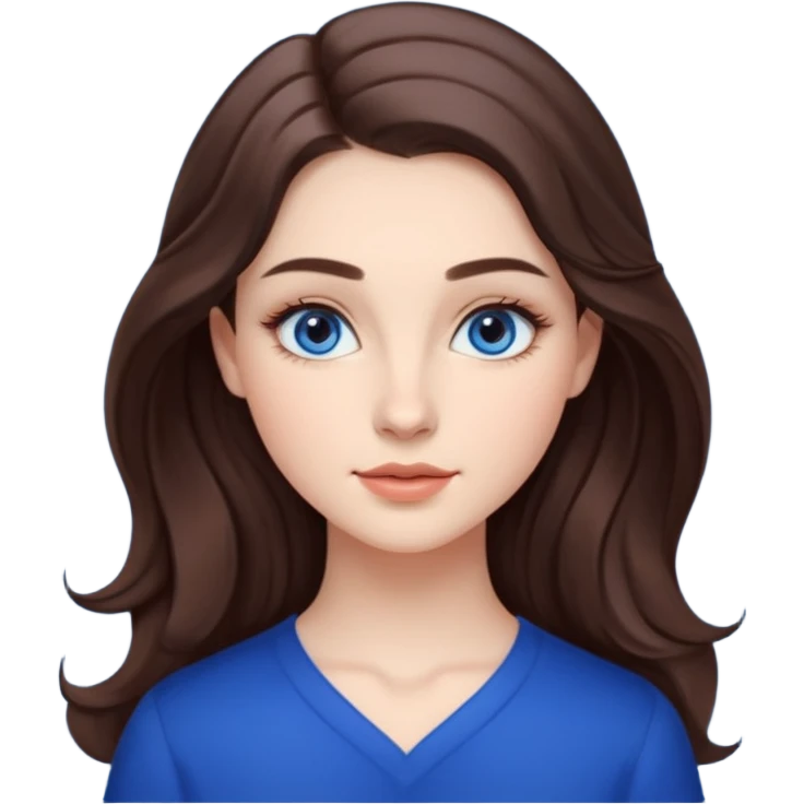 Realistic Student Portrait, with porcelain-like skin featuring a natural rosy flush, illuminated by soft lighting that highlights the gentle contours of her face. Her Brunette hair flows in soft, Her deep blue eyes radiate warmth and innocence, framed by arched brows and long lashes. emoji