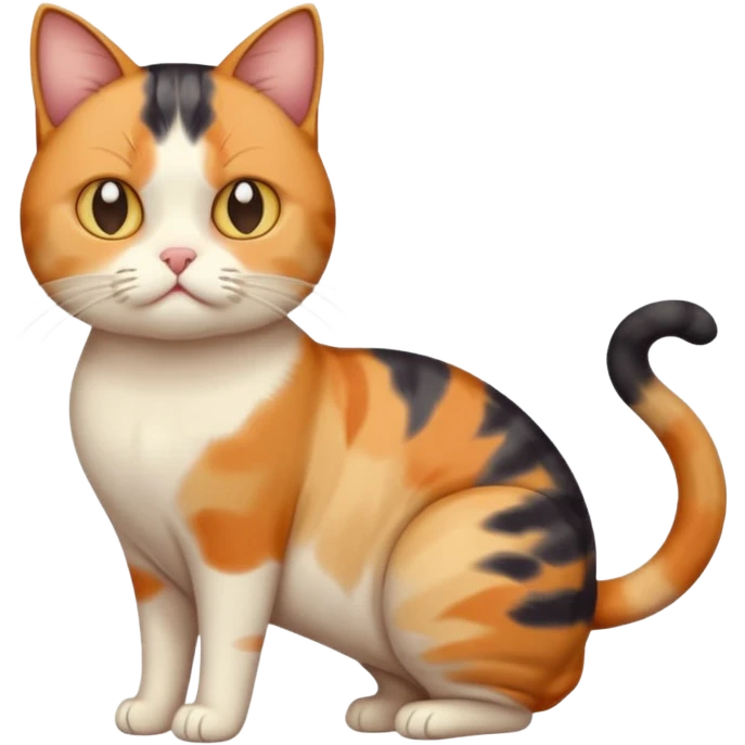 full body calico cat with skinny head and fat body with an anxious face emoji
