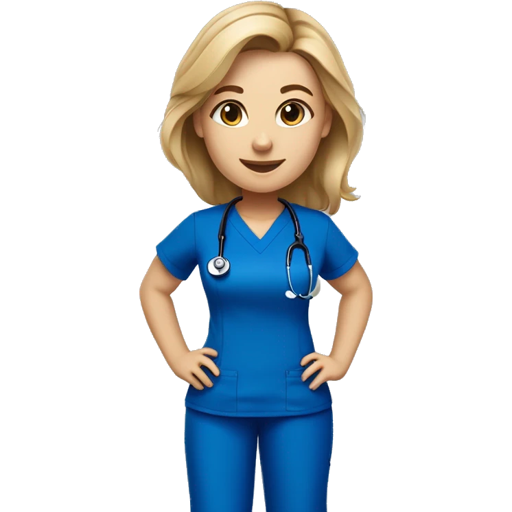 white female nursing school student with dirty blonde hair in royal blue scrub top and royal blue scrub pants with a stethoscope around her neck emoji
