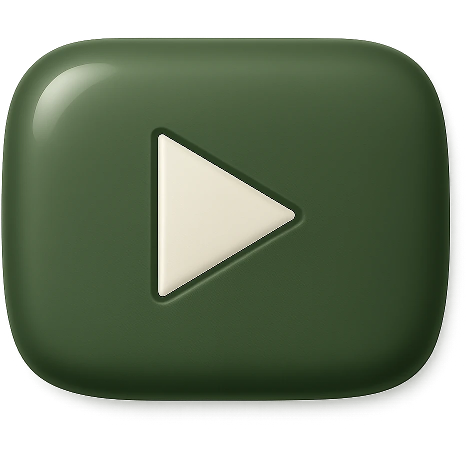 Create a logo of YouTube in the style of iOS emoji. The logo should be volumetric with soft shadows, in dark green color, and have the shape as shown in the reference image. The background should be transparent and the style should be minimalist, matching the iOS emoji aesthetic. emoji