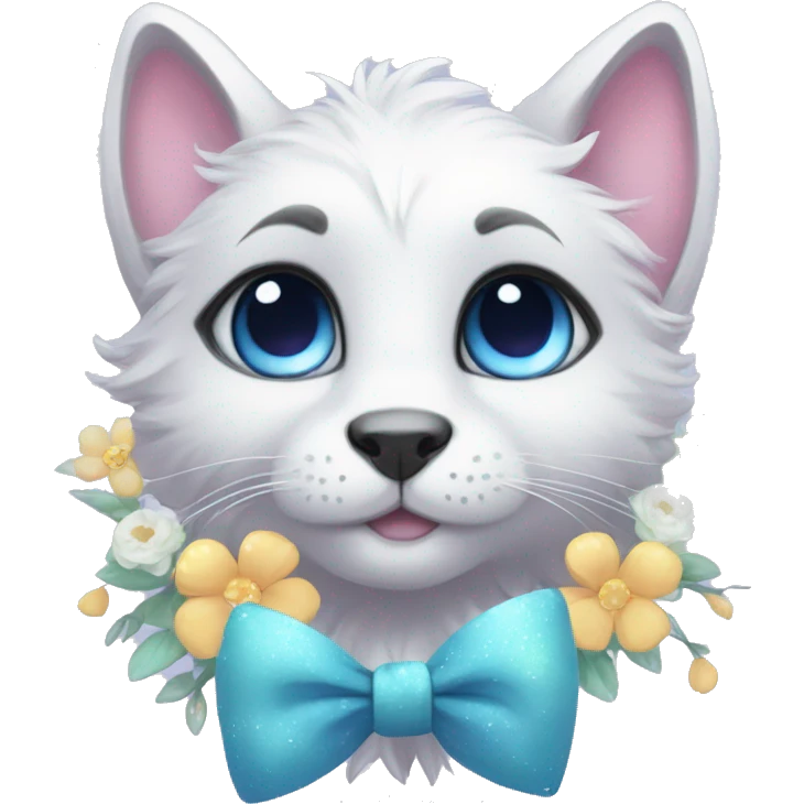 Anthro Cute Cool Pastel Kawaii gorgeous sparkly ethereal fantasy animal creature with blue eyes furry sona with flowers and bow tie beautiful aesthetic emoji