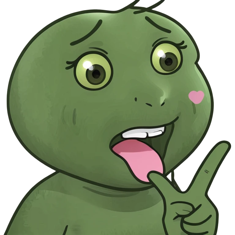 girly character sticking tongue out and showing peace hand sign, meme emoji style, cartoonish, funny emoji