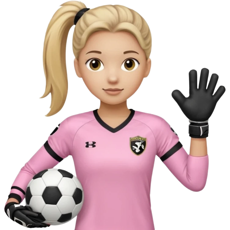 Make a dirty blonde football goalkeeper with goalkeeper gloves on holding a regular  The girl is light skinned and wearing a light pink football. Wearing a ponytail with the dirty blonde. Make it without the whole body. With full sleeves. WITHOUT A RUGBY BALL JUST REGULAR BLACK AND WHITE BALL emoji