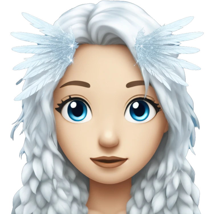 big wings, silver, feather, icy ,snowflake, Beautiful, fairy, long hair, blue eyes emoji