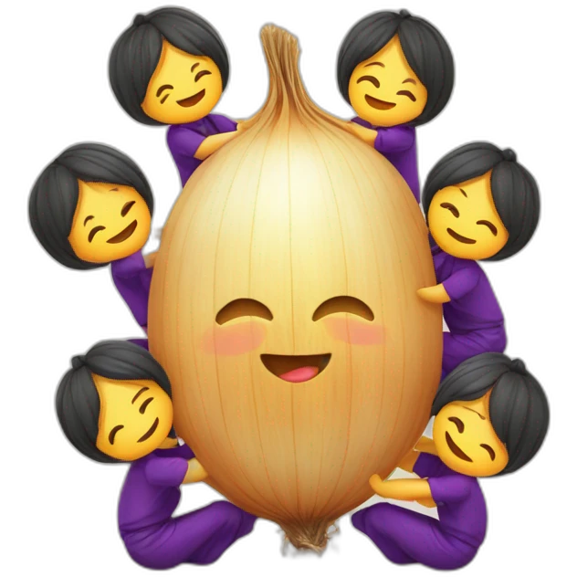 group of kawaii onions doing a catalan castellers 3 de 6 emoji