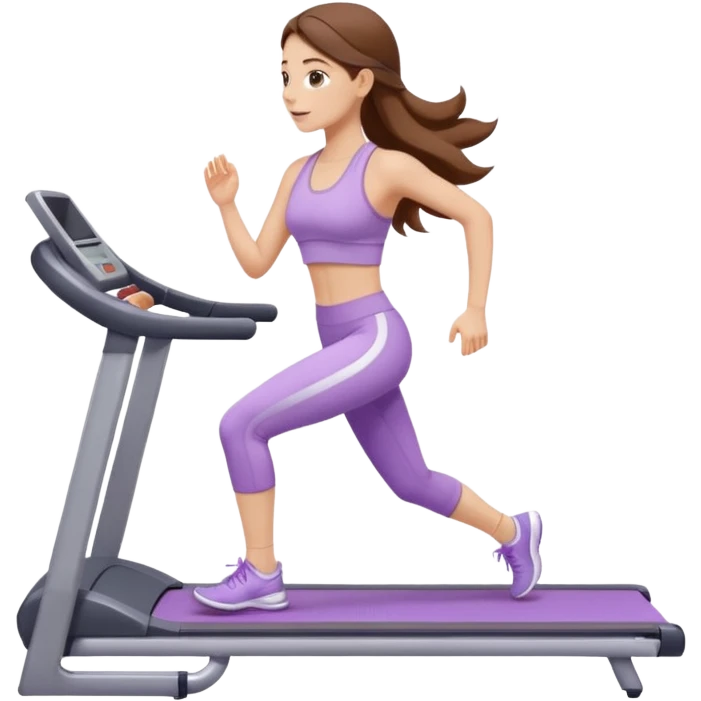 girl with long brown hair on treadmill wearing light purple yoga set emoji