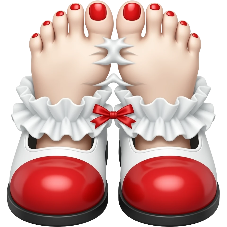White toes with red toenails ripping out of clown shoes emoji