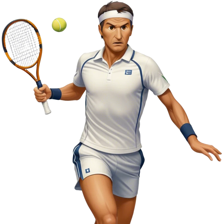Cinematic Realistic portrait of Goran Ivanišević, depicted as an iconic tennis player in dynamic motion with detailed athletic gear and intense focus, illuminated by bold stadium lighting that accentuates his competitive spirit. emoji