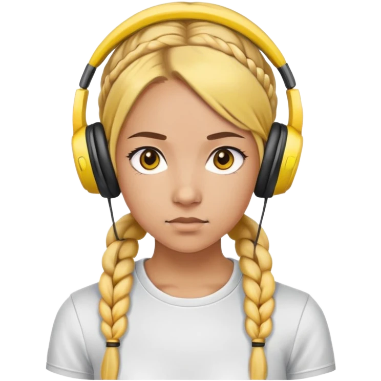 "- Nữ
- 20 tuổi
- Da nâu
- Tóc tết 2 bím, tóc vàng
- Đeo tai nghe
- Mặt nghiêm túc
" emoji