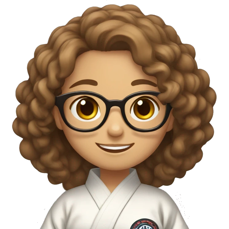 create an emoji of a girl with wavy hair, down to her shoulders, in brown, with glasses, smiling and in a jiu jitsu kimono emoji