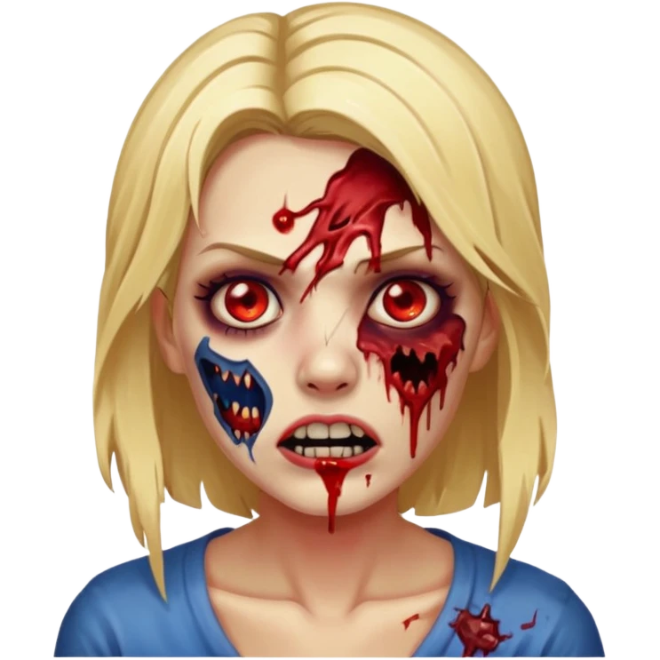 zumbi feminino com cortes no rosto, olhos baixos e vermelhos, cabelo loiro e rosto azul escuro, boca e olhos sangrando cm fundl azul e mais sangues possível emoji