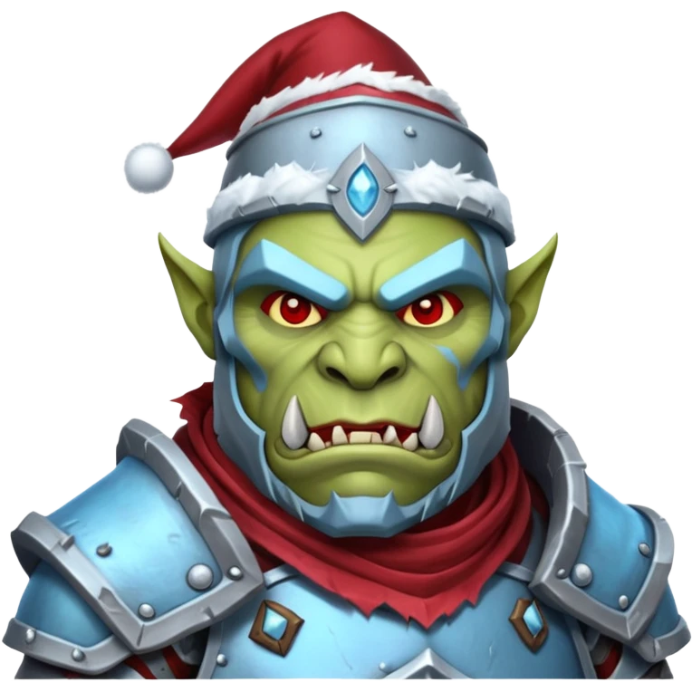 
Fantasy Christmas orc legion soldier icon, iron tundra army theme, heavy winter armor, disciplined brutal look, icy blue steel armor with deep crimson accents, frozen metal texture, cold winter atmosphere, male variant emoji