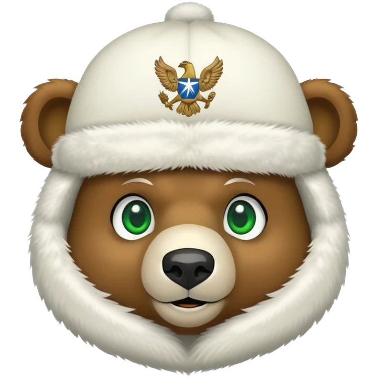 Simple cartoon bear face with green eyes and small smile, white furry ushanka hat with minimal Russian Federation eagle emblem, iOS emoji style emoji