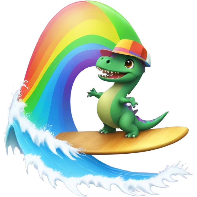 dinosaur surfing with a rainbow hat emoji