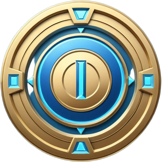 Futuristic anniversary medal badge, circular emblem with embossed Roman numeral I, metallic gold finish with electric blue glow accents, subtle outer energy ring, sci-fi web3 game UI style, polished 3D game asset, dark background, centered composition, high detail emoji
