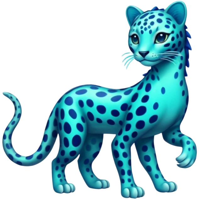 Bioluminescent Neon-Cyan Ripple-Patterned Soft-Scaled Aquatic Fantastical Liepard-Amaura-Manokit-fusion creature (full body) emoji