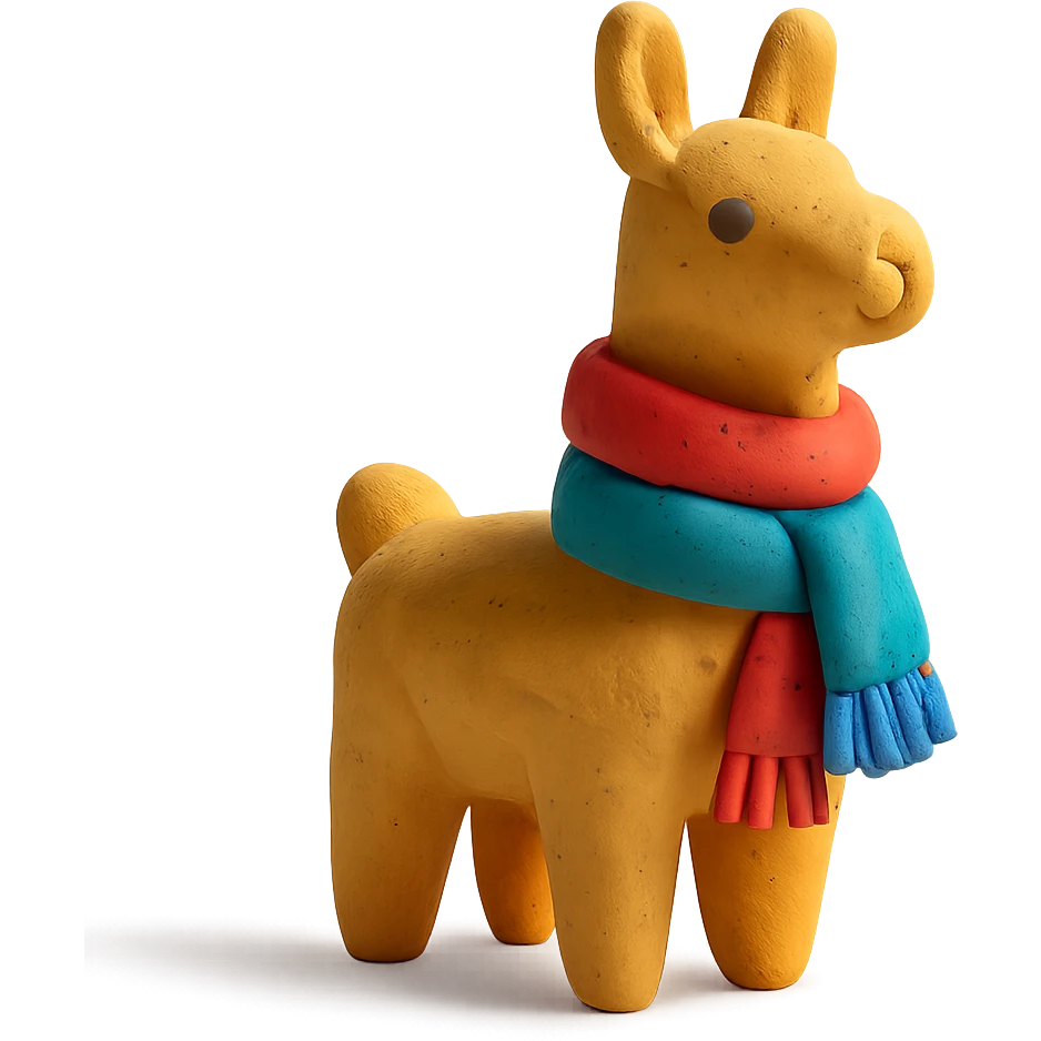 llama in claymation style wearing a colorful scarf with a matte finish emoji