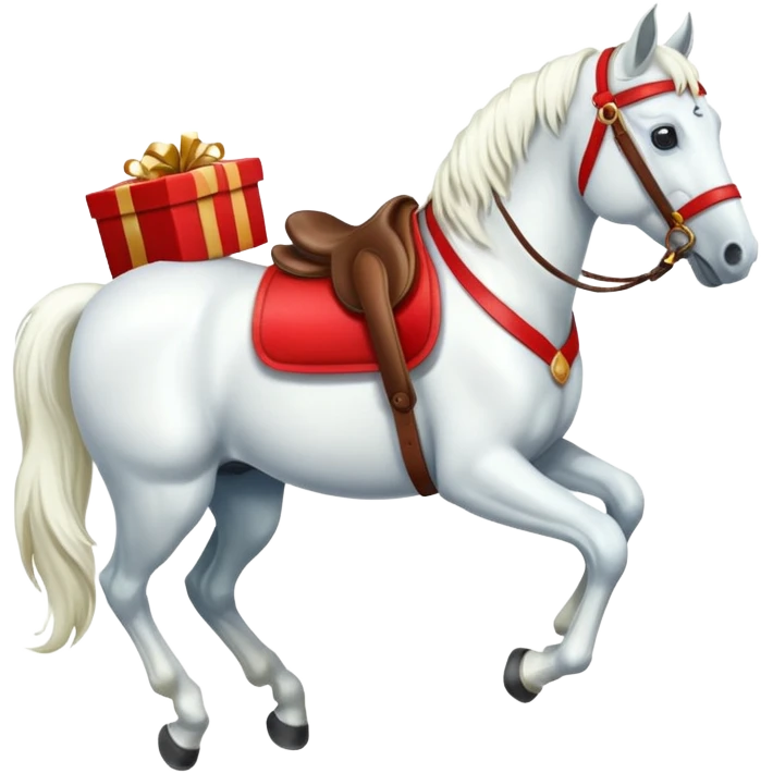 christmas white horse with a red saddle with gift box on saddle emoji