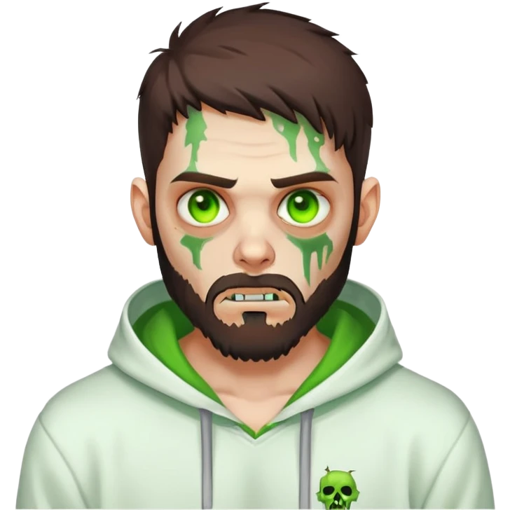 zombie making peace sign, undercut hairstyle with dark brown hair, short full beard, glowing green eyes, wearing plain white hoodie emoji