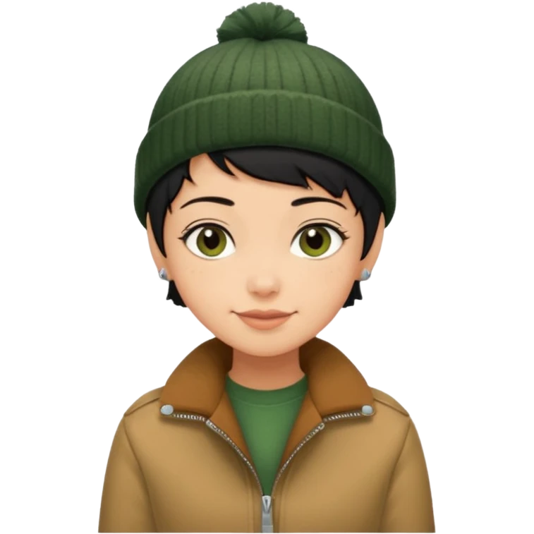 tan skin, non binary adult with pixie cut black hair, wearing brown jacket and dark green beanie, shy smile  emoji