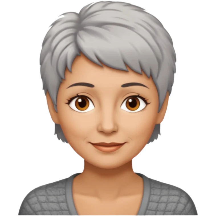 woman 50 years old, short grey fluffy cut hair, tannes skin and brown eyes emoji