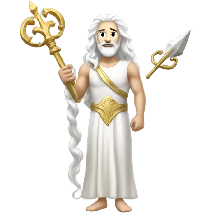 white Poseidon with gold Trident. long white hair white dress. with keys emoji
