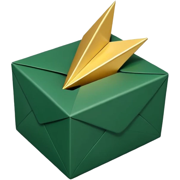 3D minimal open box with small floating icons coming out (envelope, lightning bolt, star), soft matte finish, deep green (#0B3D2C) box, gold (#C9B037) floating icons, Apple style, ultra clean and sleek, very soft ambient shadow, transparent background emoji