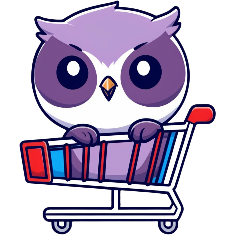 Cute Twilio owl standing in a shopping cart emoji