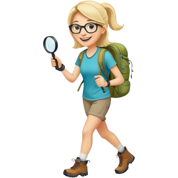Extremely happy joyful woman in her late 30s with glasses wearing sporty outfit, hiking boots, and backpack, holding a magnifying glass with big smile emoji