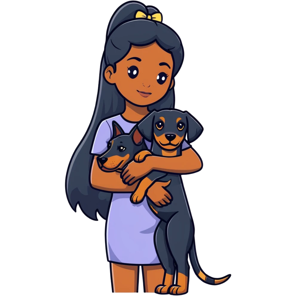 Black girl with long hair holding a Doberman dog emoji