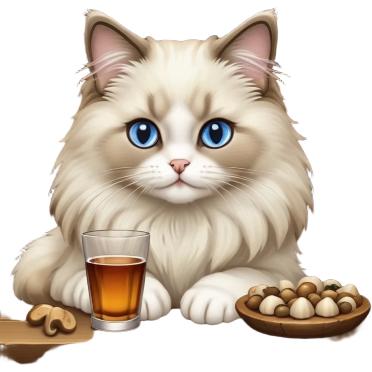 A ragdoll cat eating mushrooms in a bar emoji