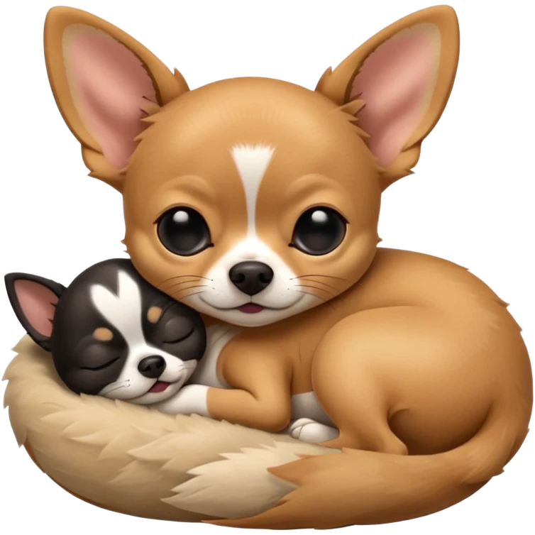 A high-resolution photo-realistic digital illustration of a cute black and tan chihuahua with big eyes closed sleeping lazily. emoji