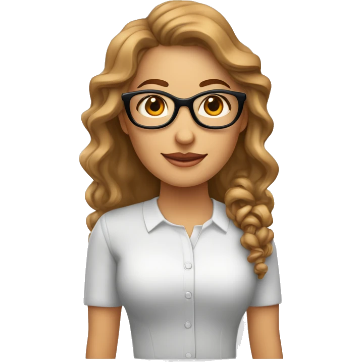 Mujer blanca de 45 años con el pelo rizado largo de color castaño con gafas y los ojos castaños con la nariz grande vestida de ejecutiva trabajando mucho  emoji