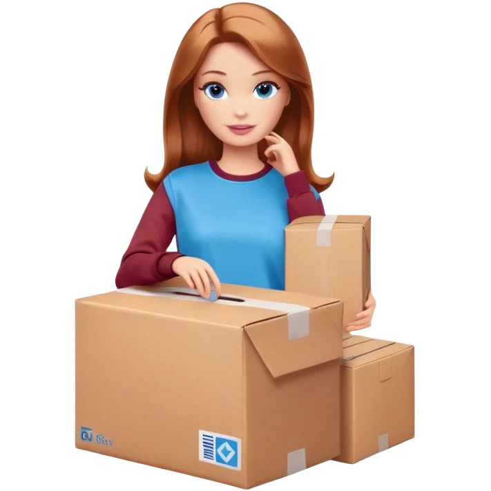 Barbie in a brown sweatshirt with shoulder-length reddish-brown hair, blue eyes with makeup, stands with a parcel box emoji