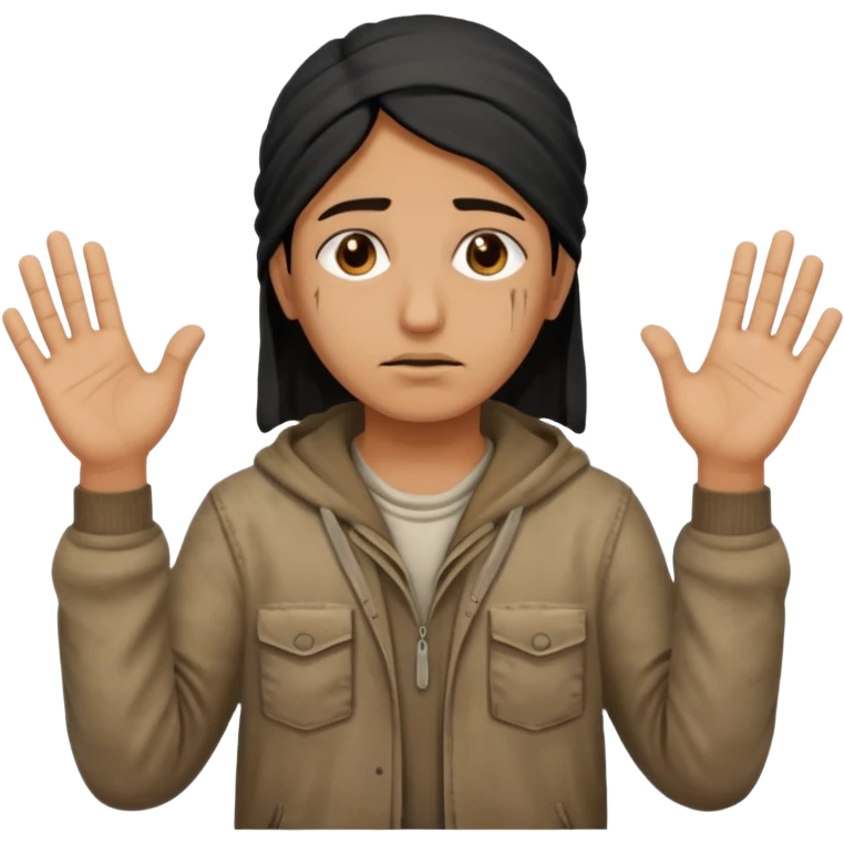 surrenders, portray an authentic 1980 Iraqi with a sad face and raised hands emoji