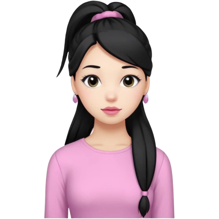 a woman with long sleeve dress top, her hair is long black pony tail, her face is soft girl style, her eyes color are black and the color of her lip is soft pink emoji