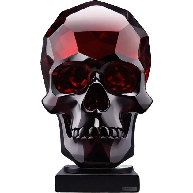 glass sculpture skyll with a geometric, faceted design. The skull is standing upright on a base with angular and baroque features. The vibrant dark shade and red highlights the sharp edges and planes emoji