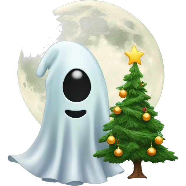Christmas tree with a ghost and a moon emoji