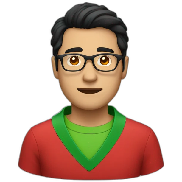 Man with black hair and glasses wearing red shirt with green collar emoji