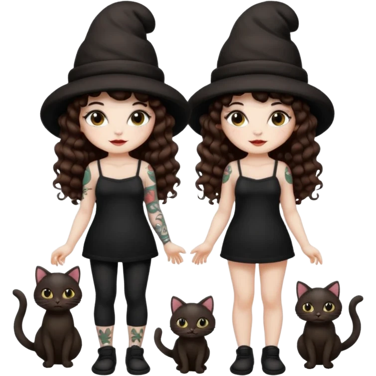 full body woman long curly brown hair brown eyes white skin tattoos black cat at feet, both wearing matching mushroom hats emoji