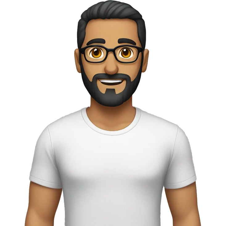 Middle Eastern man wearing t-shirt, black short hair, beard and glasses emoji
