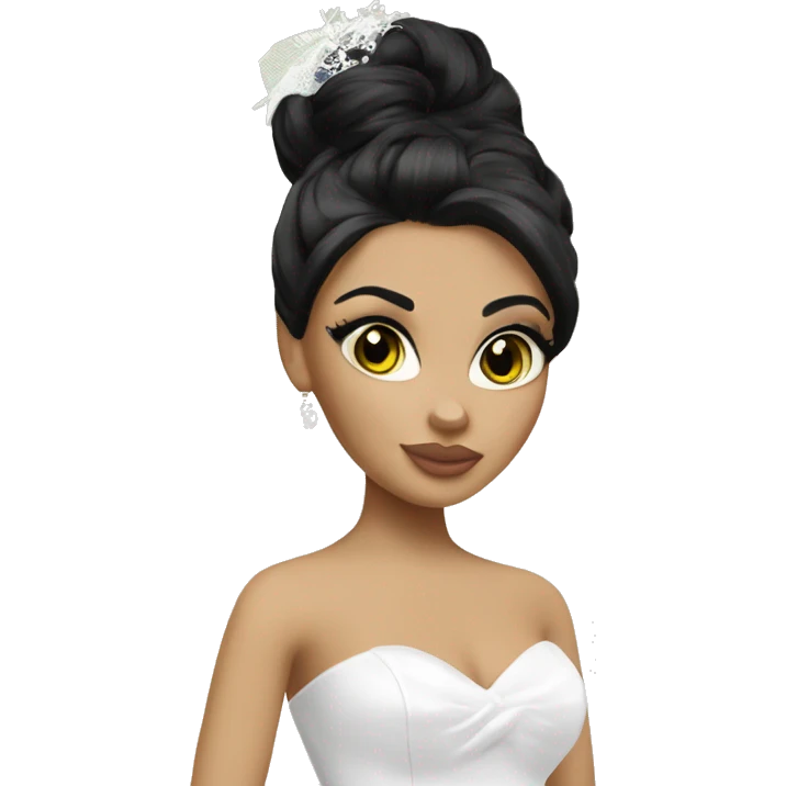 Bratz, bride, black updo hair, olive skin, hazel almond cat eyes emoji