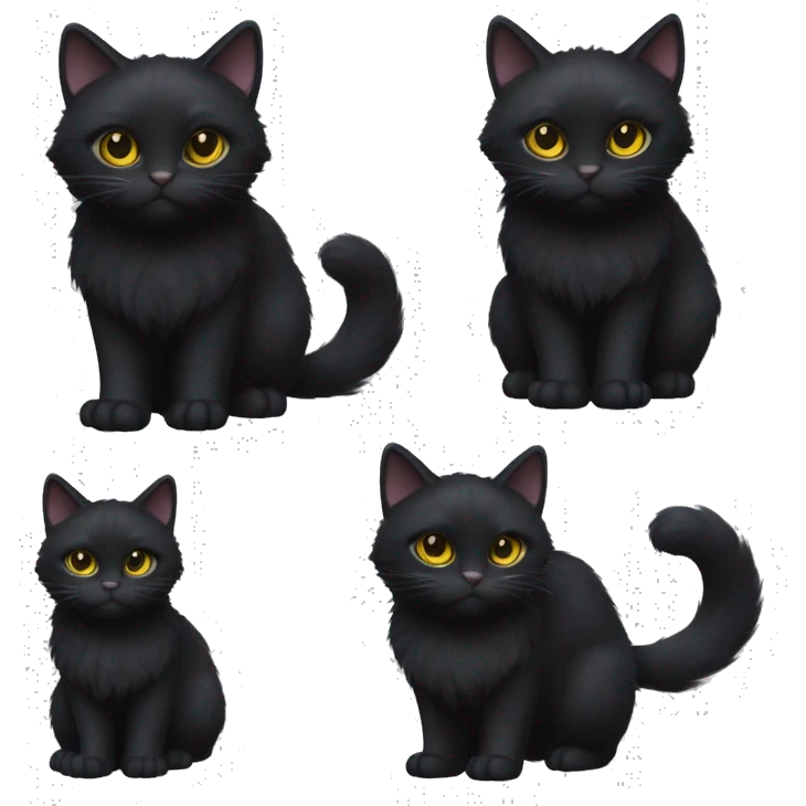 A petite, solid black furred cat. Light yellow eyes. Black pointed tufts of long fur at only the very tip-top points of its ears like a lynx. Fully body black and no other color markings. Facing forward and standing with ears slightly tilted. emoji