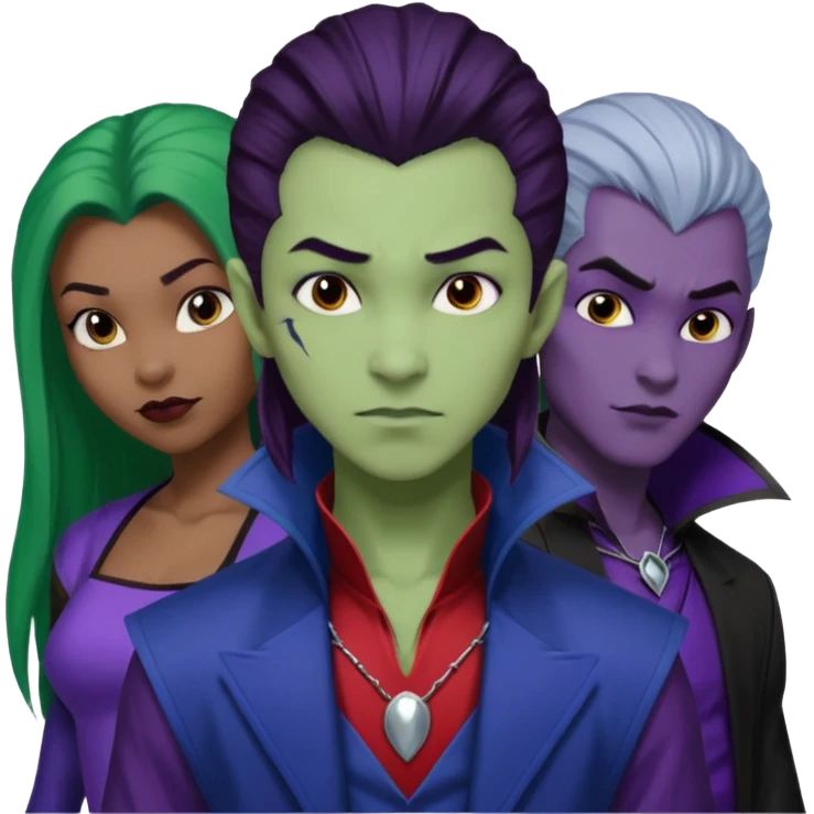 Solo poly platonic relationship, one African girl, one Asian boy, one biracial features Asian tomboy girl rat-tail hair long and upper masculine hair 90s, vampire and marvel cosplay elements inspired  use marvel race, like instead of obvious human, green purple blue etc,  emoji