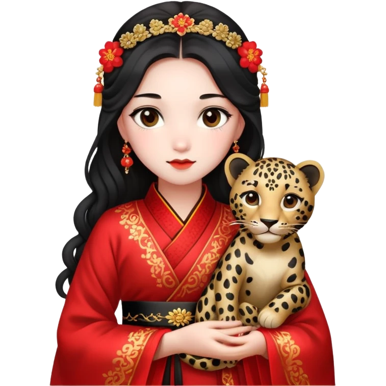 A beautiful girl in red Hanfu wedding dress is holding a black leopard emoji