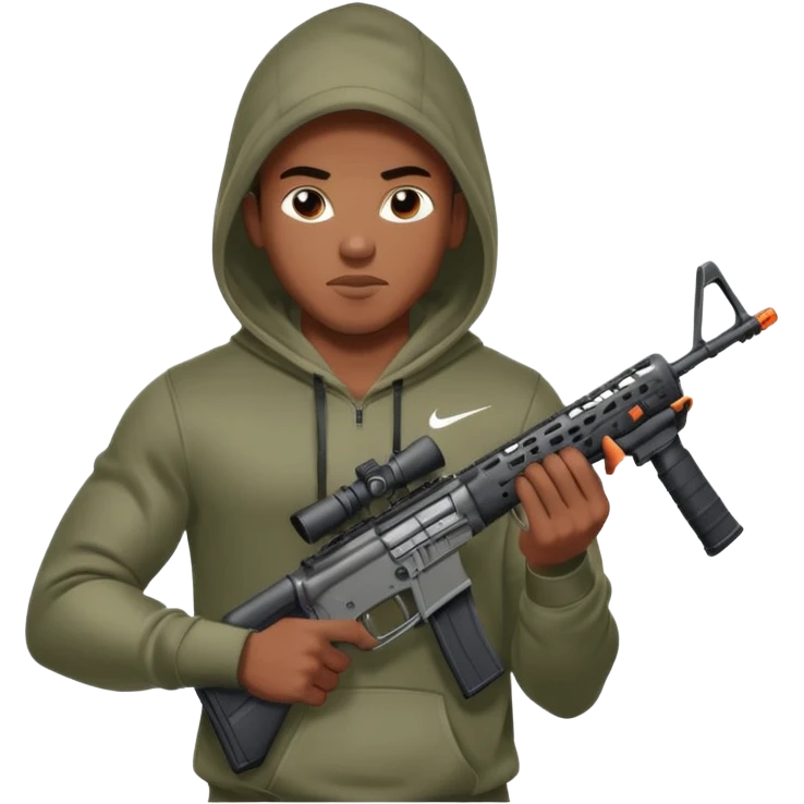 
Fais moi un jeune afro américain qui ressemble a un gangster qui tient une AR15 avec un hoodie a capuche, capuché, avec la cagoule nike therma fit hood emoji