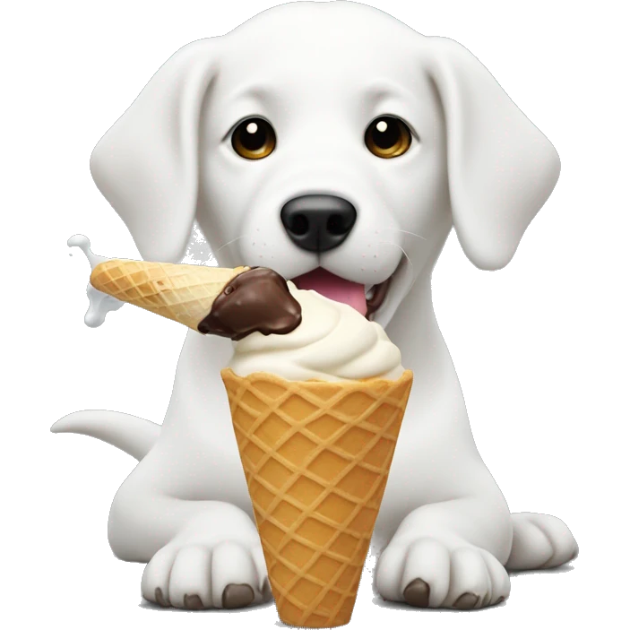 A white dog, licking up ice cream off the cement after a woman just dropped her ice cream cone emoji