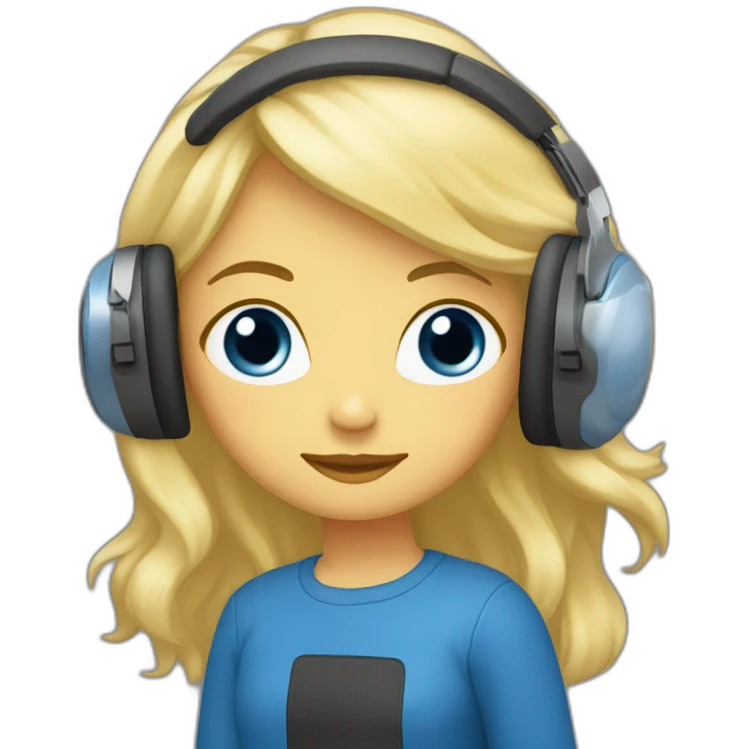 Femme aux yeux bleus, cheveux longs et blonds, avec un casque musique emoji