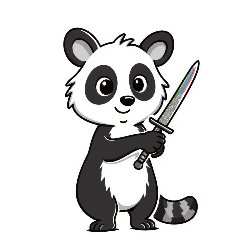 Cute possum with big eyes holding a glittery sword, rainbow colors emoji