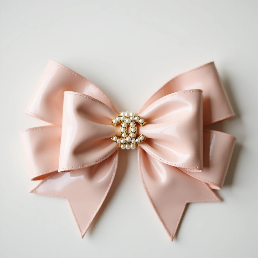 elegant bow with pearls and gold Chanel logo, glossy, pastel colors, realistic style emoji